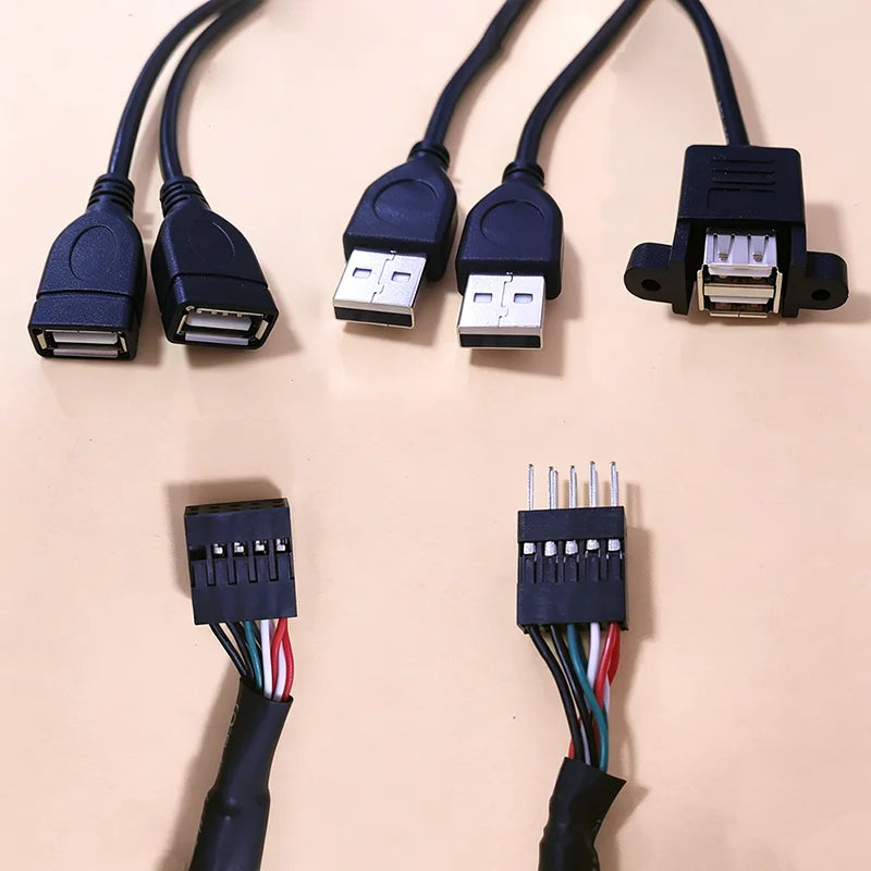 Motherboard 9-Pin to Dual USB 2.0 Female/Male Extension Cable 2.54mm Pin Header Connector for PC Case Front Panel 20cm/30cm/50cm