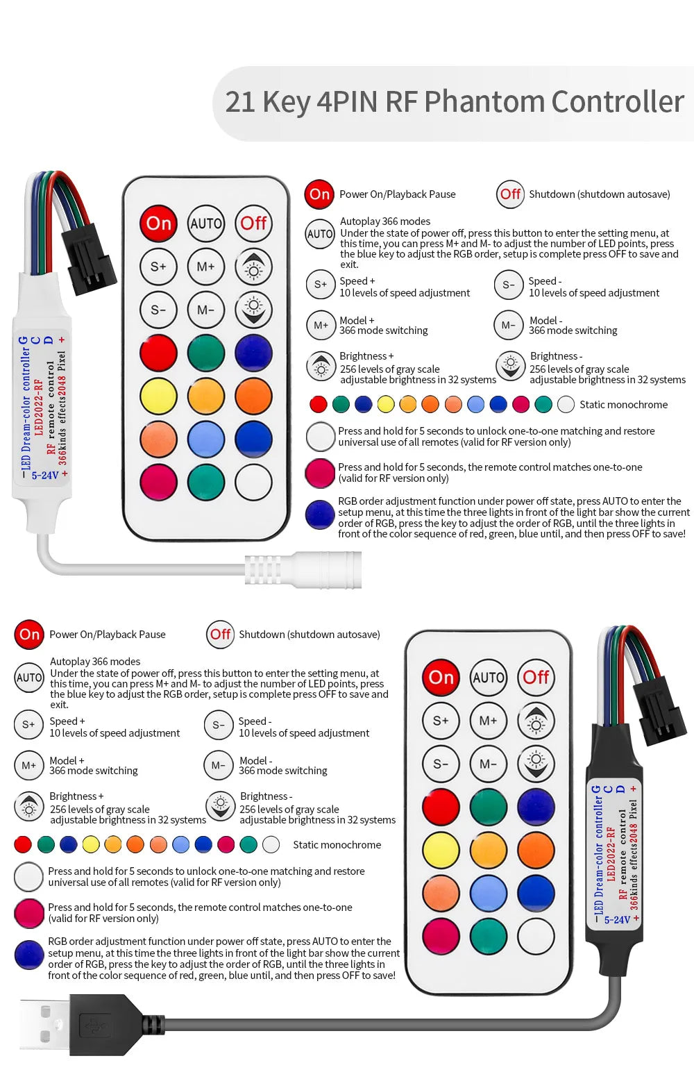 WS2811 WS2812B WS2813 WS2815 LED Pixels Strip Light Controller 3/4PIN USB/DC RF 14/17/21Keys LED Tape Remote Controller DC5-24V