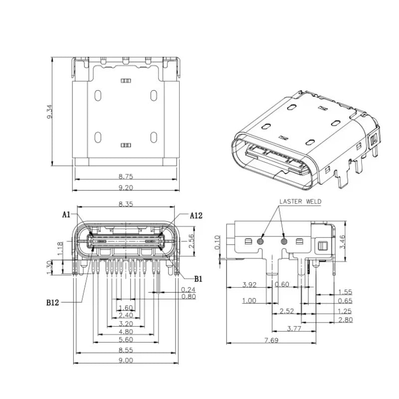 2piece 12Pin SMT Socket Connector Micro USB Type C 3.1 Female Placement SMD DIP PCB Design DIY High Current Charging