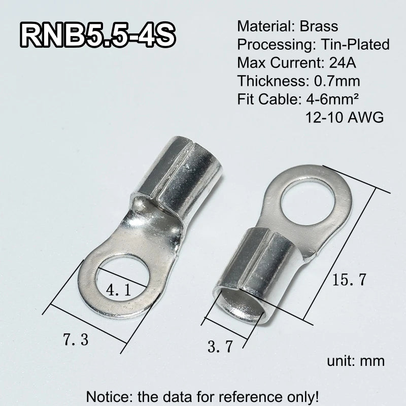 100pcs RNB Brass Ring Bare Terminal Block Connector Cable Lugs Wire Crimping Tips Electrical Connection Strips 12V 2.5mm 4mm 6mm