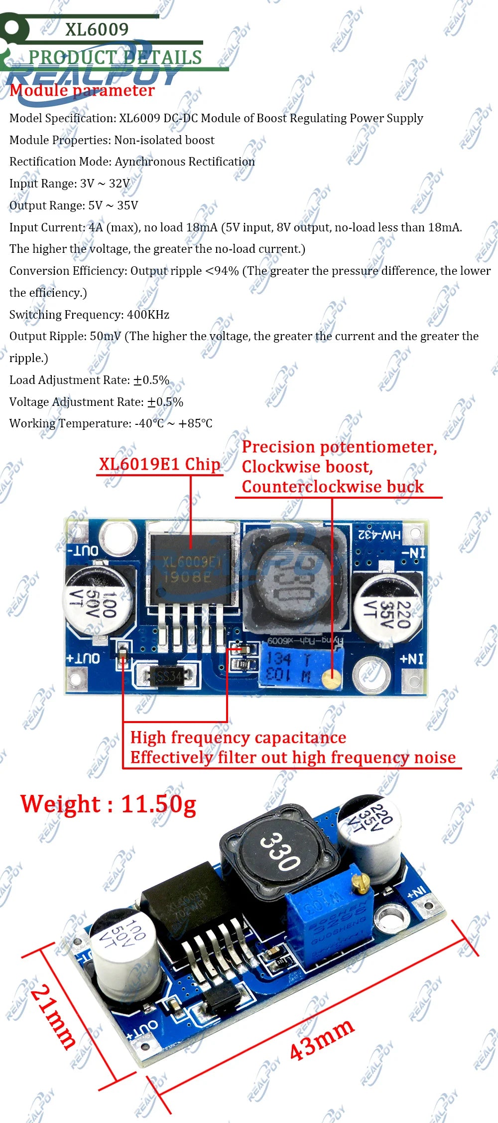 XL6009 4A Boost Converter Step Up Adjustable 15W 5-32V to 5-50V DC-DC Power Supply Module High Performance Low Ripple