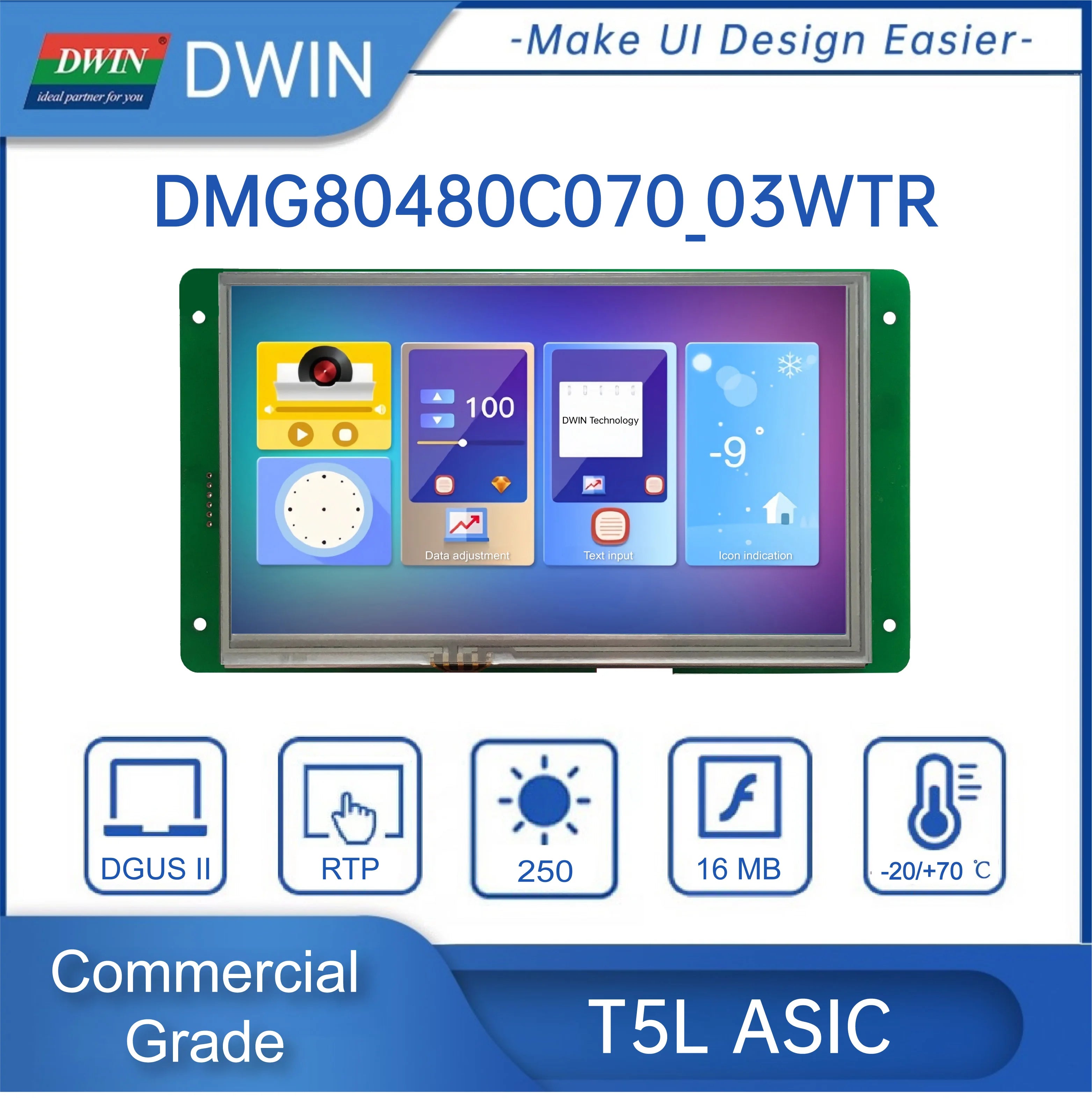DWIN 7 Inch 800*480 HMI Intelligent TN TFT LCD Display Module UART Commercial Grade Capacitive Touch Screen DMG80480C070_03W