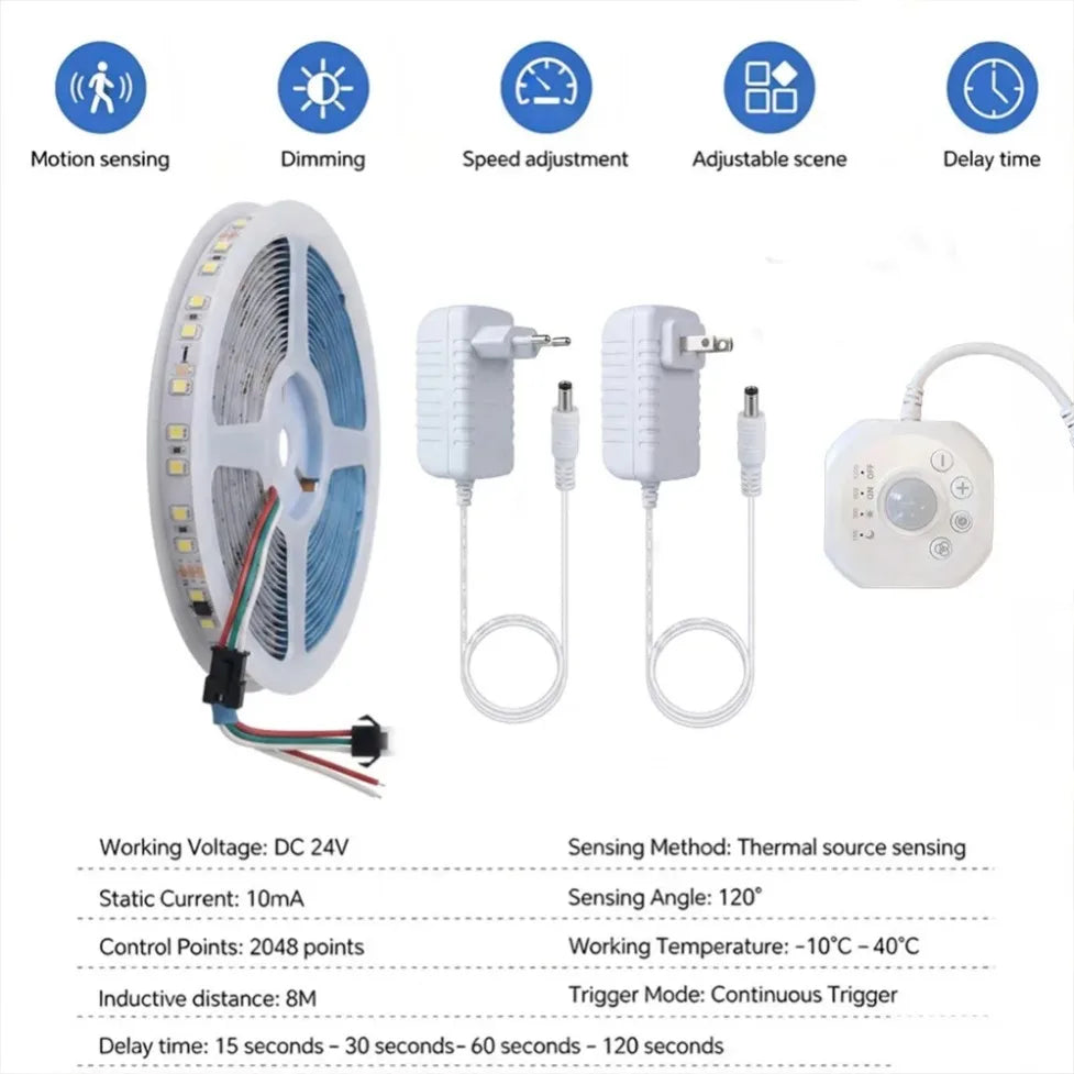 DC24V Flowing Water SMD LED Strip with Motion Sensor US/EU Plug Kit for Stair Corridor Entrance Wardrobe Cabinet Bedroom Light