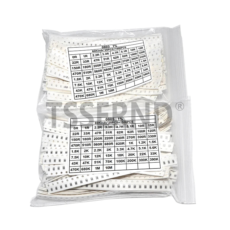 1500PCS SMD 0603 0805 Resistors Assorted Set (60 Values X 25Pcs) 0R-10M Ohm 1% High Precision Film Chip Resistance Kit