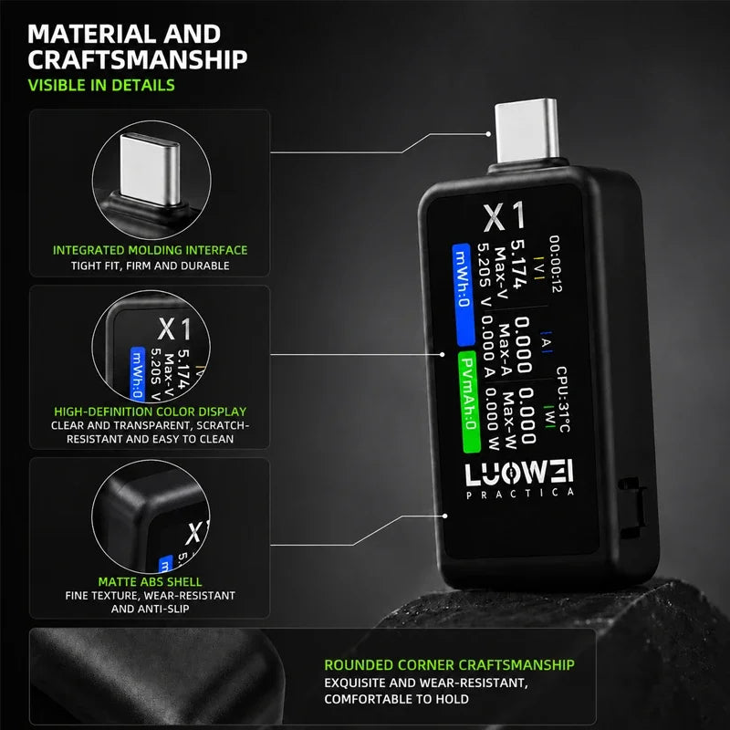 LUOWEI LW-X1 USB C Tester Multifunctional Fast Charging Protocol Analyzer with HD Display Real Time Monitoring For Phone Repair