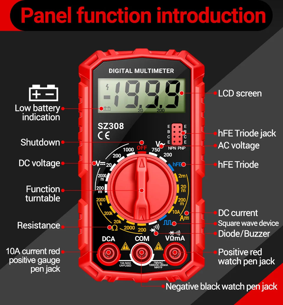 ANENG SZ308 Digital Multimeter 1999 Counts AC DC Voltage Manual Range Voltmeter Ammeter Ohm Meter DC Current Resistance Tester HFE Triode Test Square Wave Portable Electrician Measuring Tool