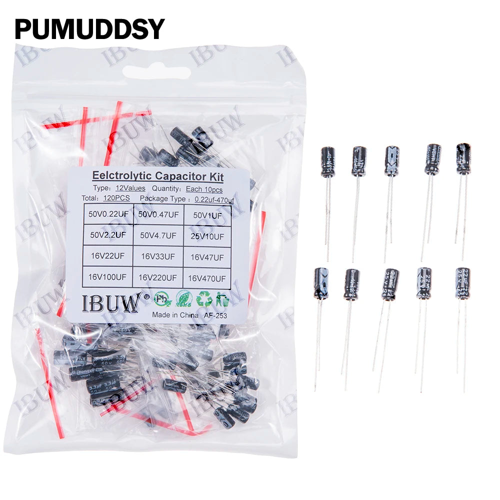 120PCS 12Values Electrolytic Capacitor Kit (0.22μF-470μF 16V-50V) for DIY Electronic Circuit kit 16V100UF 50V0.47UF 25V10UF