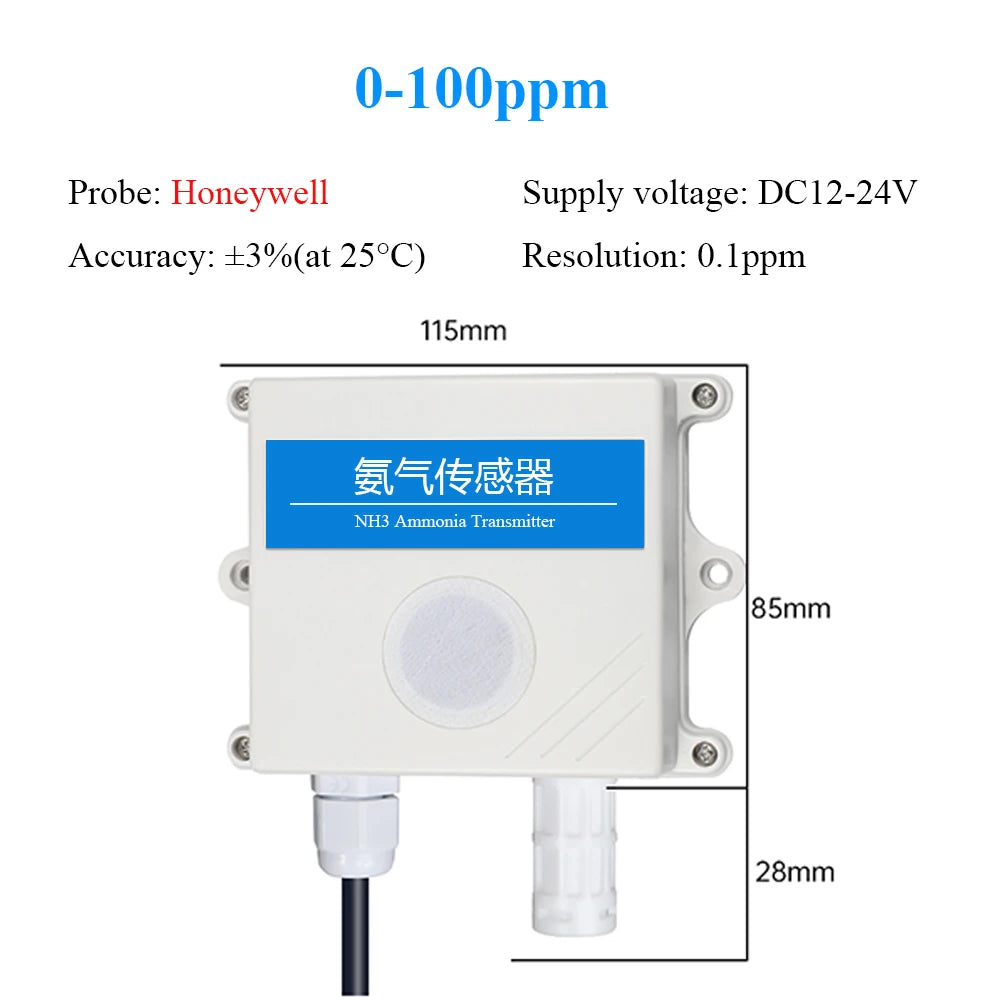 Ammonia Gas Sensor NH3 Concentration Detection High Precision Detector 20ppm 100ppm 500ppm Output RS485 4-20mA 0-5V 0-10V