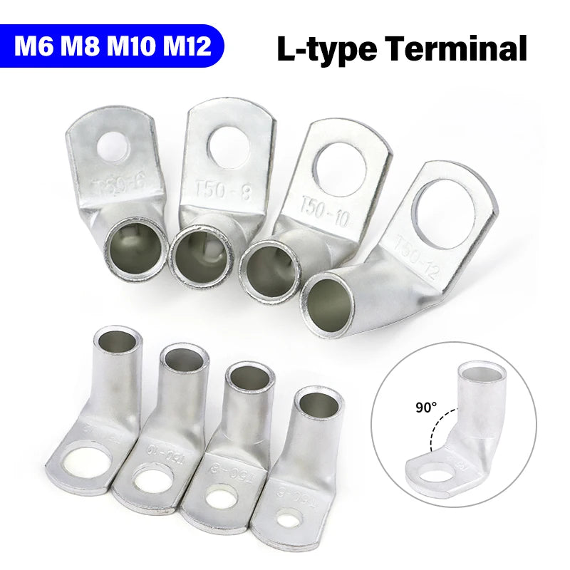 L-type Tinned Copper Wire Terminals 90° Right Angle Crimp Connectors M6 M8 M10 M12 for Automotive Electrical Wiring Connect Lug