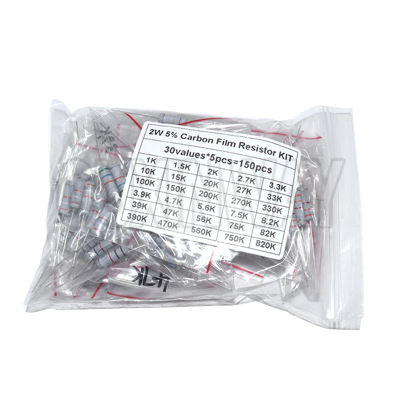 150PCS 300PCS Resistor Kit 1W 2W 3W 5W 5% 30Kinds X 10PCS Carbon Film Resistance 0.1-750 ohm Set 1k-820K 30Kinds X 5PCS