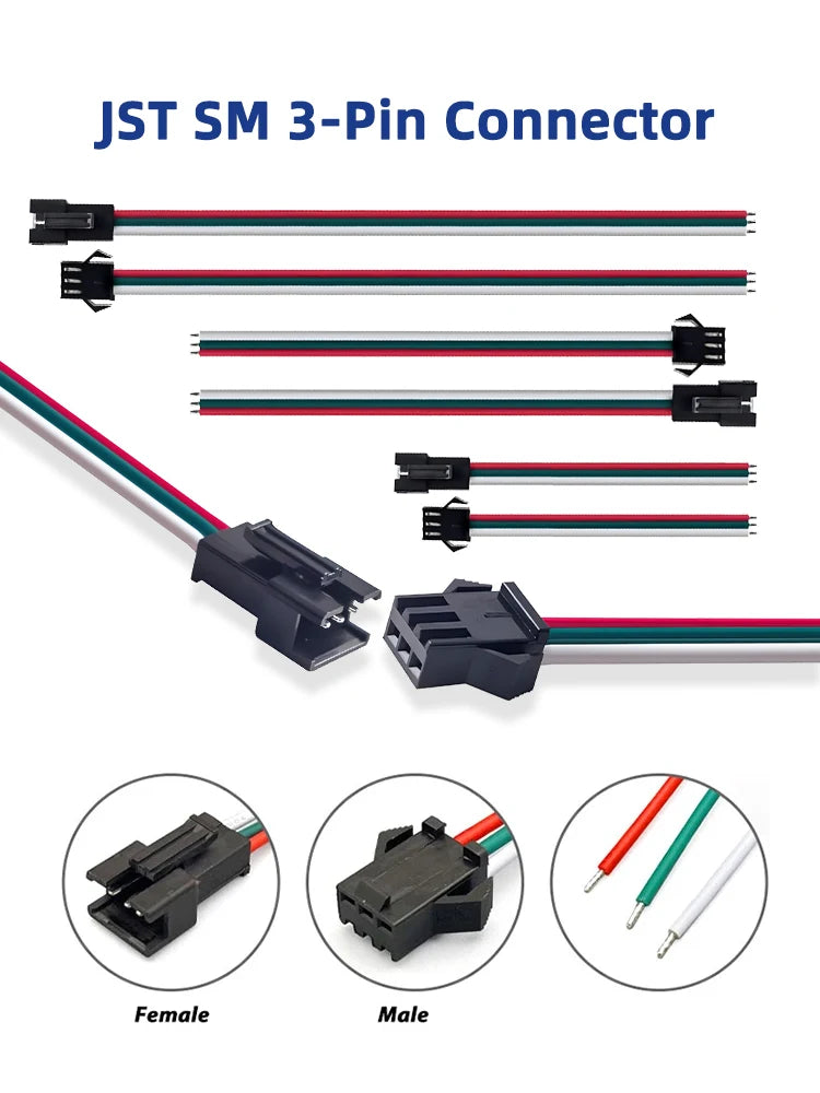 JST SM 3 Pin Pitch 2.54mm Female Male Connectors WS2812B WS2811 LED Lights Strip Connection Cable 10cm 15cm 20cm 30cm 22AMG Wire