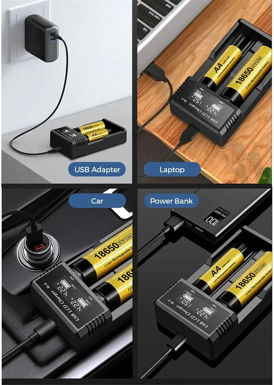 USB LCD Battery Smart Charger 1 / 2 Slots Dual For 18650 3.7V Rechargeable Lithium Battery For 1.2V NI-MH AA / AAA Battery