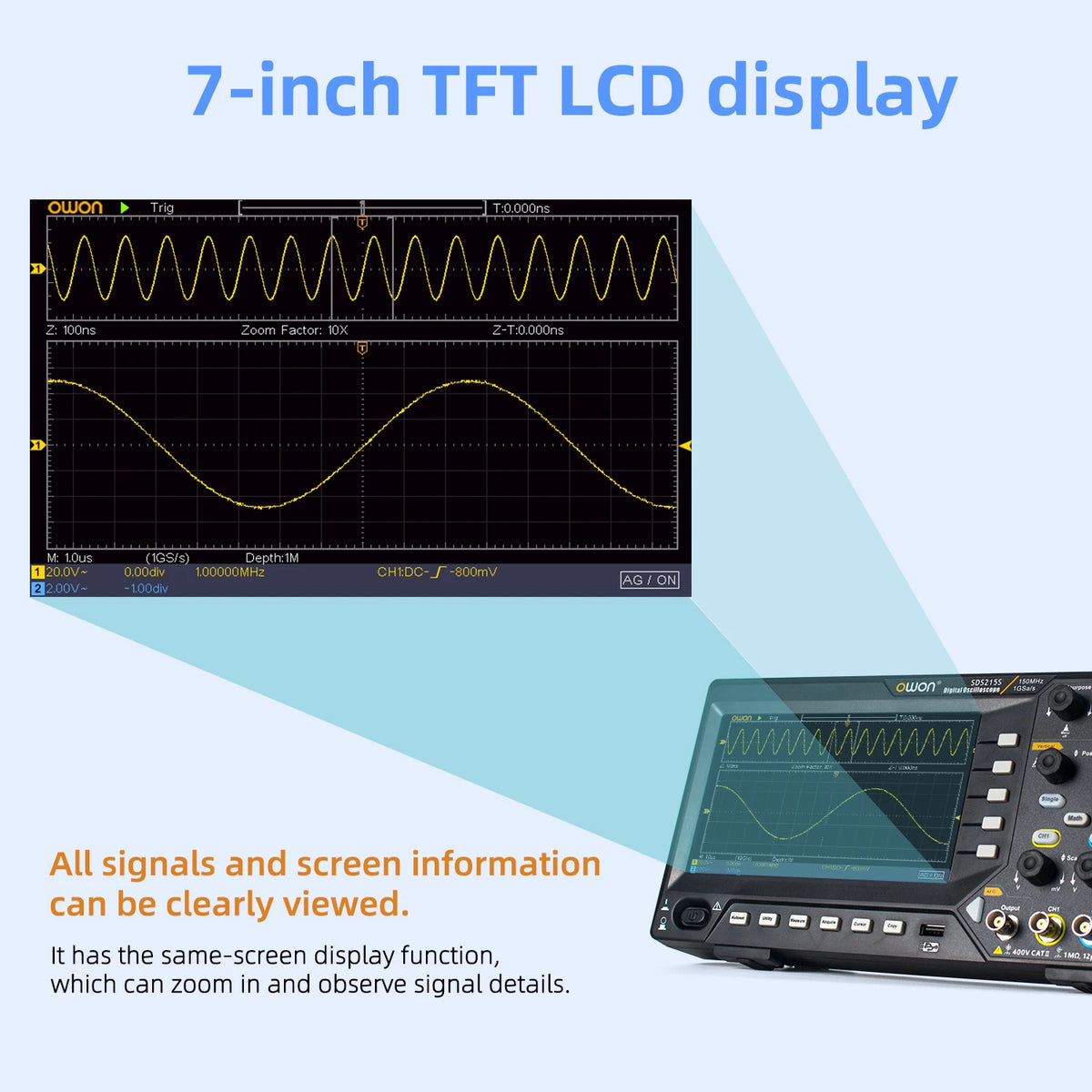 Owon SDS210S 2CH 100-200MHz 1GS/s 14Bit 25MHz FFT Scope Digital Oscilloscope  with Signal Generator Function