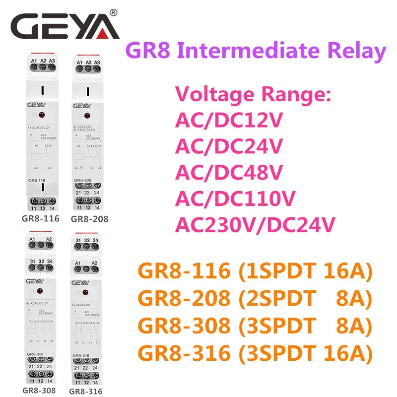 GEYA GR8-208 Auxiliary Relay Intermediate Switch 8A 2SPDT 12V 24V 48V 110V 220V RELAYS Din Rail Module