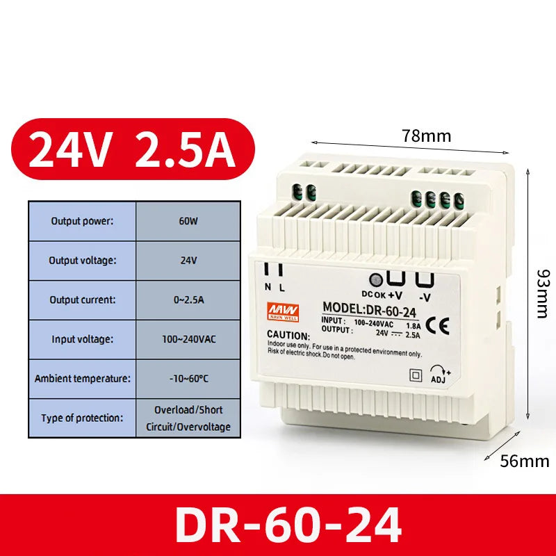 DR-60W Output 5V 12V 15V24V DIN Rail Switching Power Supply 24V DC 220V to 12V Transformer 5V Module Power Supply Box