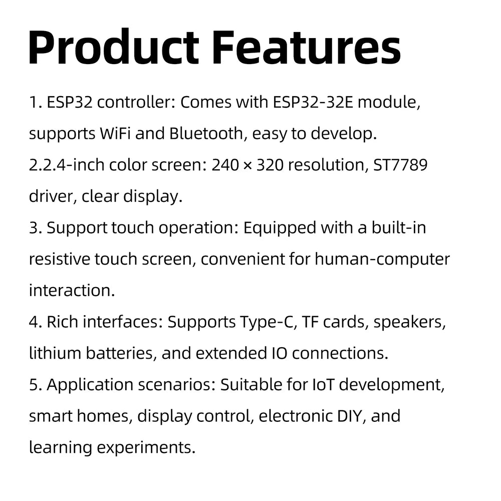 ESP32 2.4-Inch Capacitive Touch Display Wifi Bluetooth Development Board 240 x 320 Resolution Development Board CH340 Type C