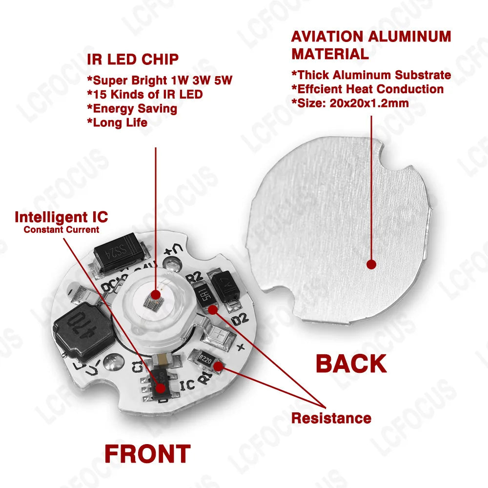 1pc DC 3.7V 5V 12V 24V Infrared LED Chip 680nm 740nm 800nm 850nm 880nm 940nm 980nm 1000nm Aluminum PCB 1W 3W 5W IR Light Beads
