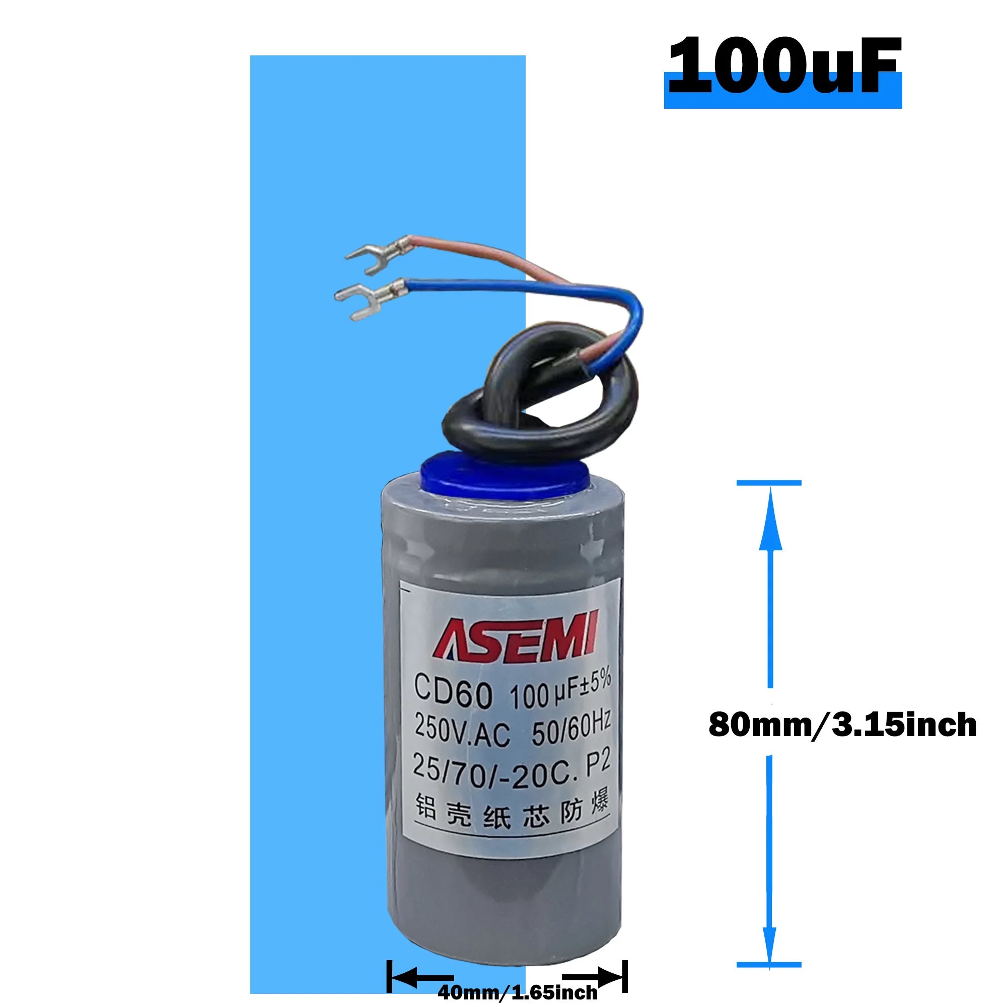 CD60 P2 250V AC 50/60Hz Starting Capacitor Startup Aluminum Shell Paper Core 75uF 100uF 150uF 200uF 250uF 300uF