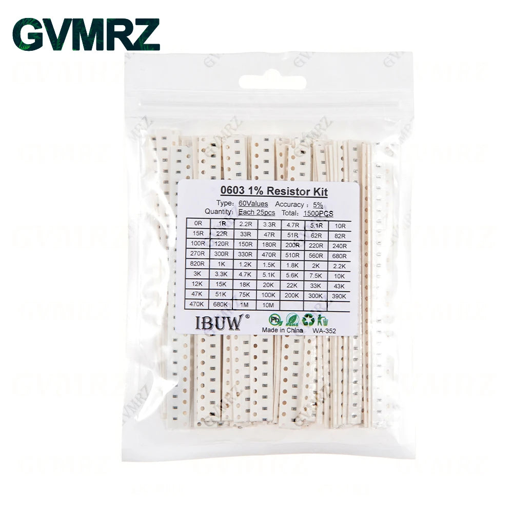 0201 0402 0603 0805 1206 1% 5% SMD Resistor Assorted Kit 1R-1M 10K 100K 1K 100R Resistance Set DIY