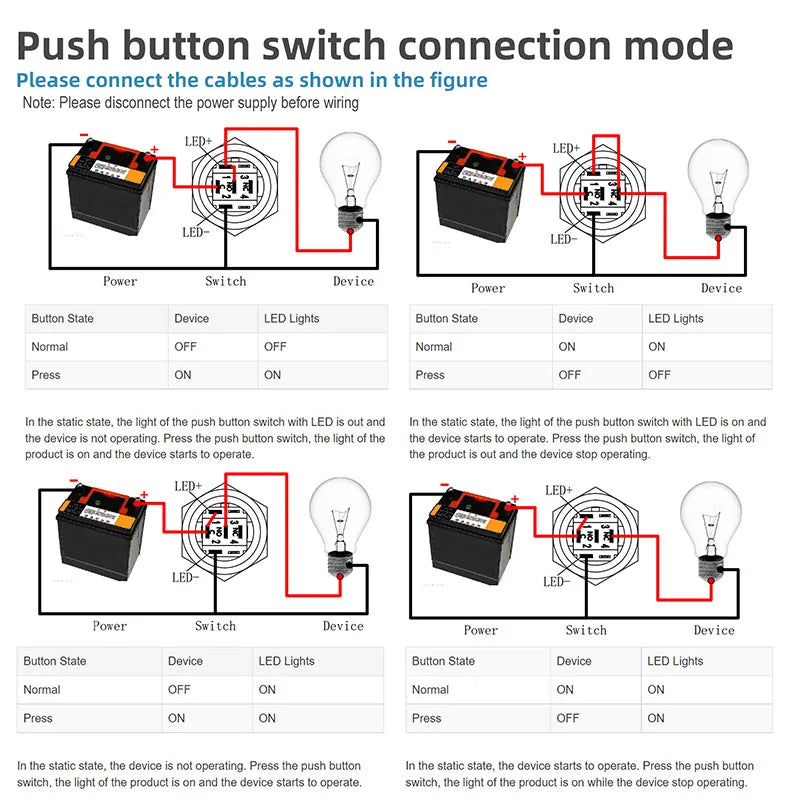 12V 19mm Warning LED Indicator Light Panel Metal Push Button Switch Lock and Momentary on Off with Dash LOGO Symbol
