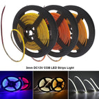 3mm PCB Ultra Thin DC12V 392LEDs/m COB LED Light Strip for Home Decor Car DIY Blue/Green/Red White High Density LED Tape