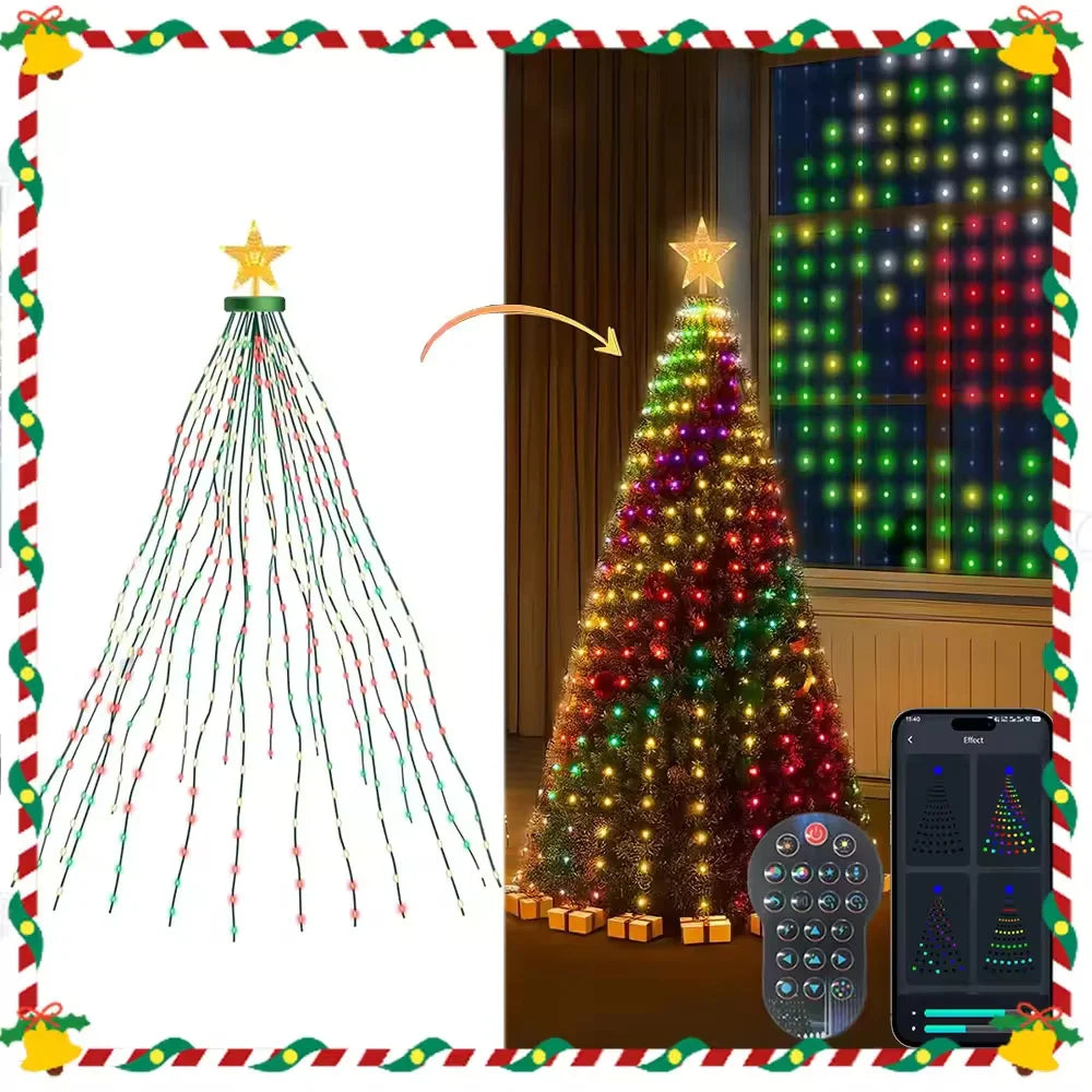 RGB Christmas Tree Waterfall Lights With Star Topper,APP Remote Control LED String Lights Multicolor Fairy Light Indoor Outdoor