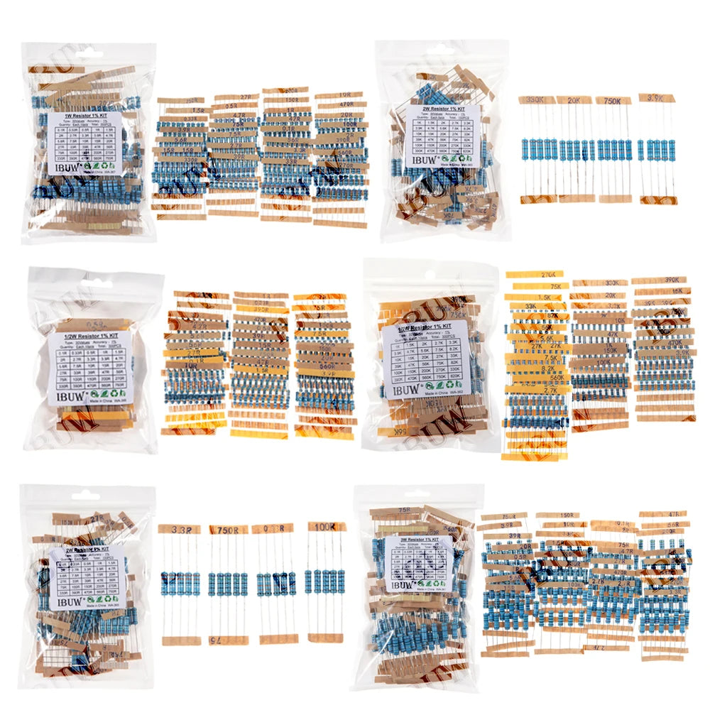 1/4W 1/2W 1W 2W 3W Resistance Set 1% Metal Film Resistor Assortment Kit 1K~820K 0.1R~750R 10K 6.8R 7.5R 47R 41R