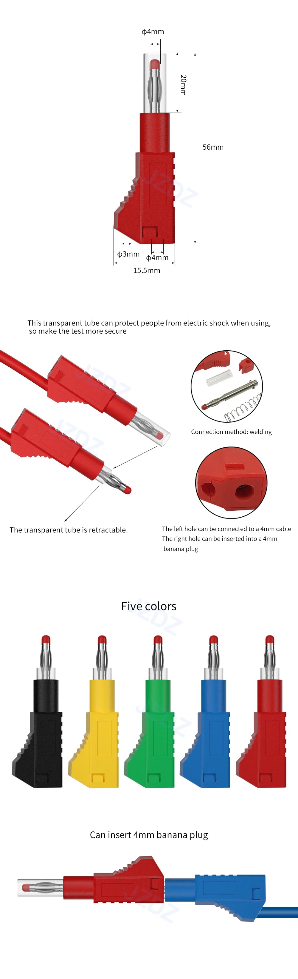 JZDZ 10PCS 4MM Banana Plug Safety Retractable Stackable Solder In Line DIY Assembly Test Leads Connectors J.10043