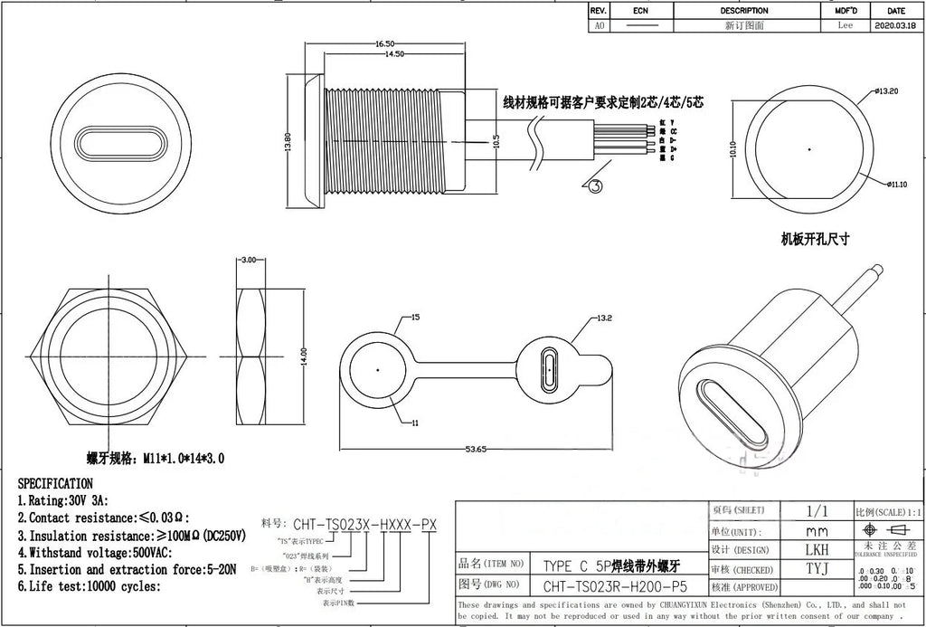 1-10pcs 2Pin-6pin USB-C Type-C TPC Waterproof Connector PH2.0 Cable Female Jack Socket With LED PPD CC Fast Charging Nut Locking