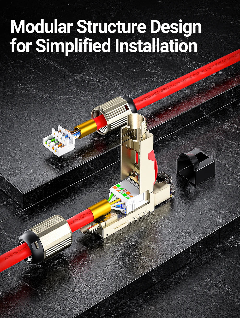 AMPCOM RJ45 Connector, CAT8 STP Tool Free Shielded Modular Plugs CAT7 CAT6A Zinc Alloy Field Termination Plug 40Gbps 2000Mhz