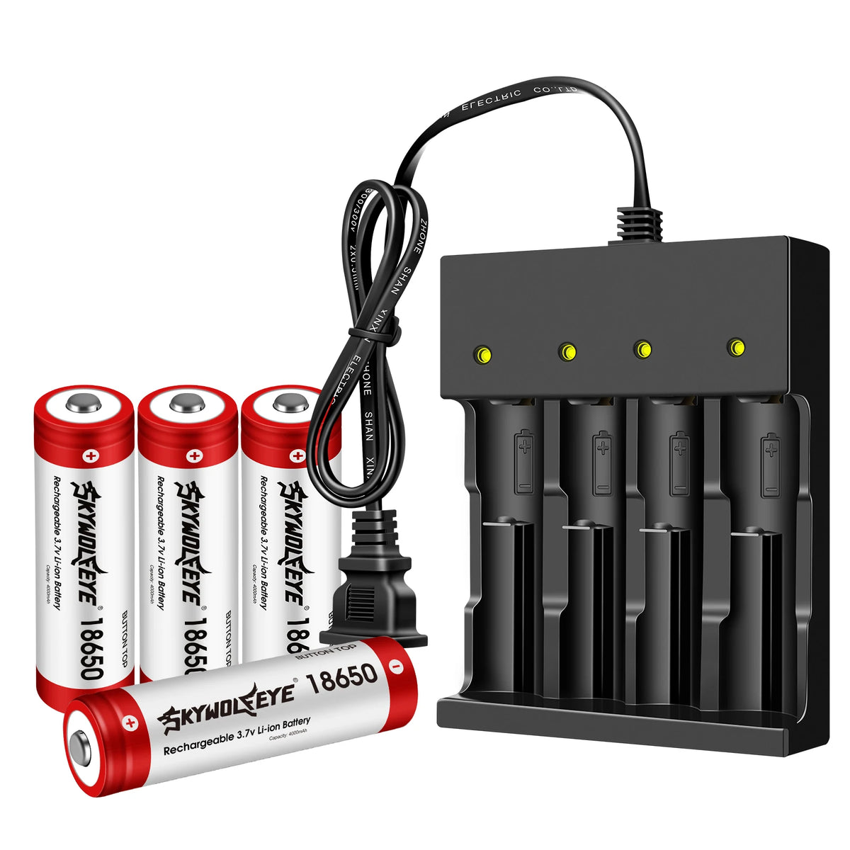 4-Pack Battery With 4 Bay Li-ion Lithium Charger Set，4 Bay Li-ion Lithium Battery Set  Flat Top 4000mAh Rechargeable 3.7V Li-ion 18650 Replacement Battery with Charger for Flashlights,Headlamps,and More Toy Remote Control D