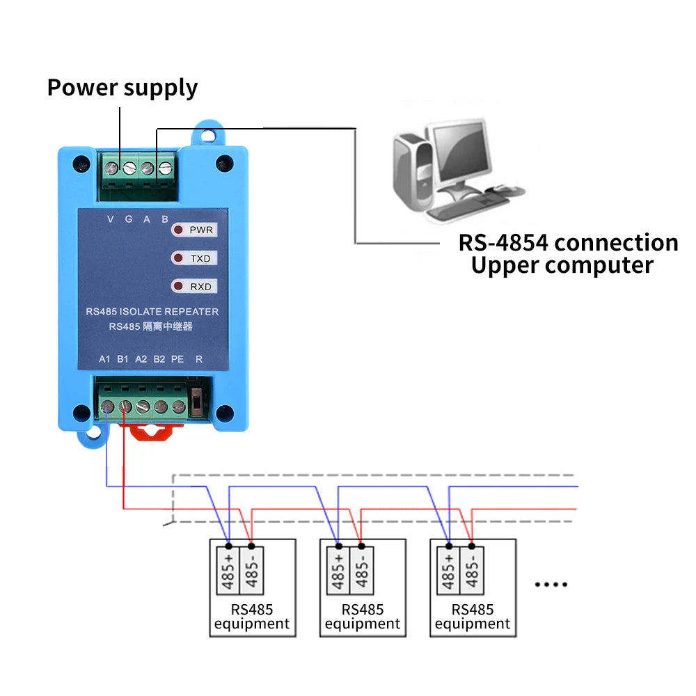 DC 12-36V RS485 Isolation Repeater Hub 2-port Communication Isolation Module Signal Amplifier Supports Din35mm Guide Rails