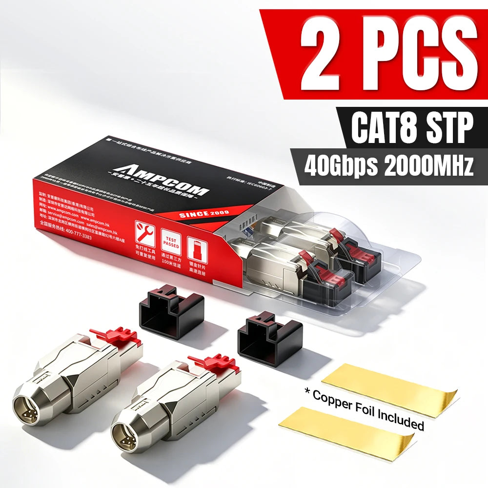 AMPCOM Crimp Free RJ45 Connector Zn-Alloy STP 40G 2000Mhz CAT8 CAT7 CAT6A CAT6 Feild Termination Plug for 22-26AWG 2Pcs