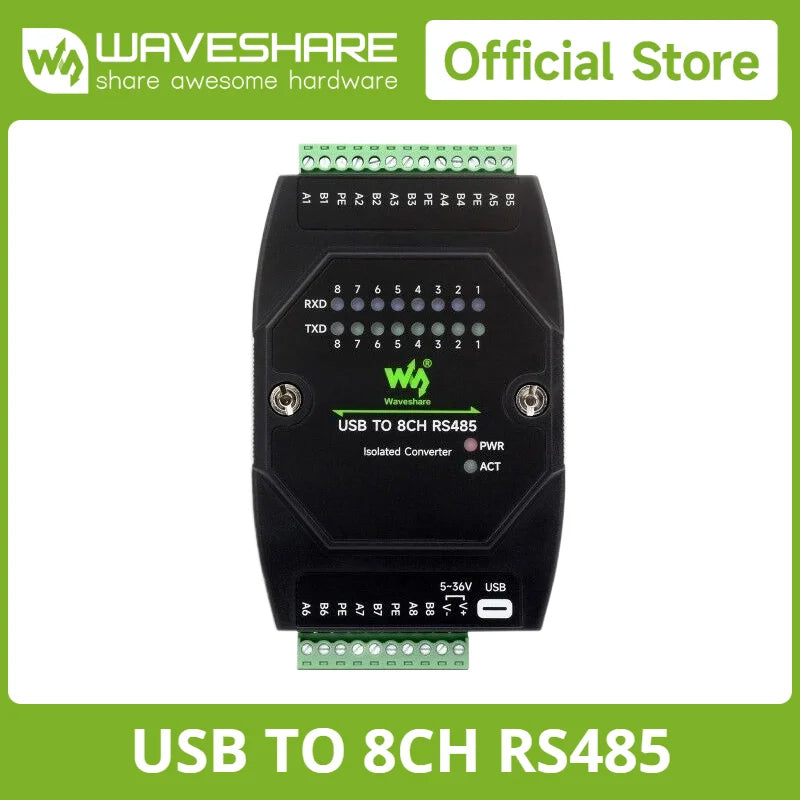 Waveshare USB TO 8CH RS485 Industrial Grade Isolated Converter, USB To RS485 Adapter, Multiple Protection Circuits, Wall-mount