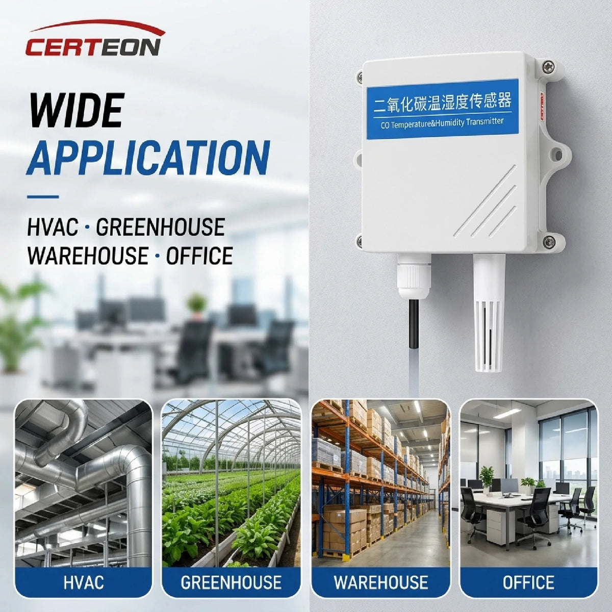 QT-10 CO2 Transmitter NDIR Carbon Dioxide Sensor RS485 4-20mA 0-5V 0-10V 10-30VDC IP65 for Greenhouse HVAC Factory
