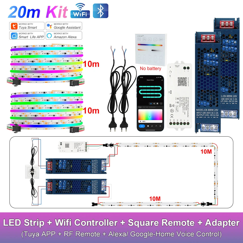 RGB-IC COB LED Strip with Tuya Wifi Controller 2.4G Remote Alexa Google Home Rainbow Color Addressable LED Tape 10m 20m 25m Kit
