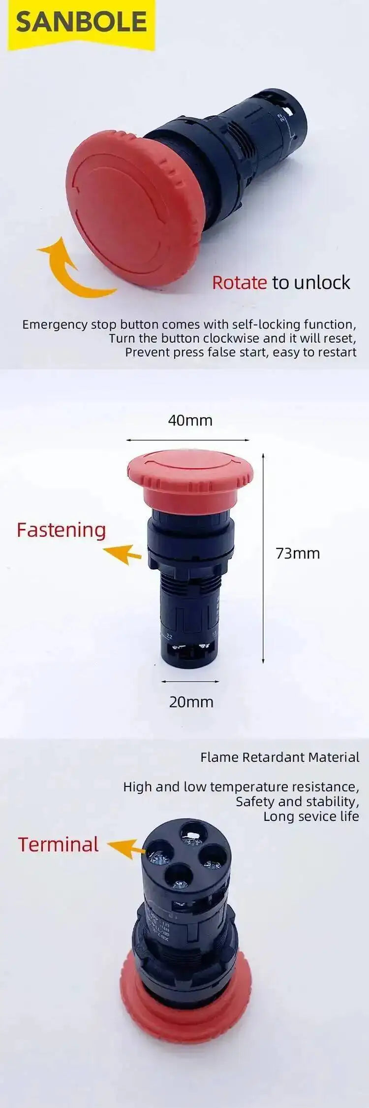 5pcs Plastic Red Mushroom Head Emergency Stop Push Button Switch Open Hole 22mm Silver Contact Round NO NC XB7-ES545 542