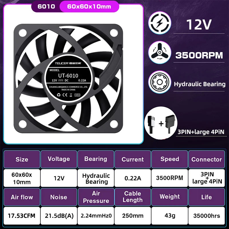 TEUCER UT-60 Slim 60mm PC Case Fan 3500RPM High Airflow CPU Cooler 6/7CM Ultra-thin Cooling Fan