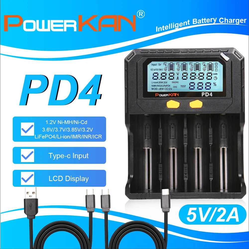 POWERKAN PD4 Smart Battery Charger with LCD Display Capacity Test for 18650 21700 26650 Li-ion Ni-MH Rechargeable Batteries