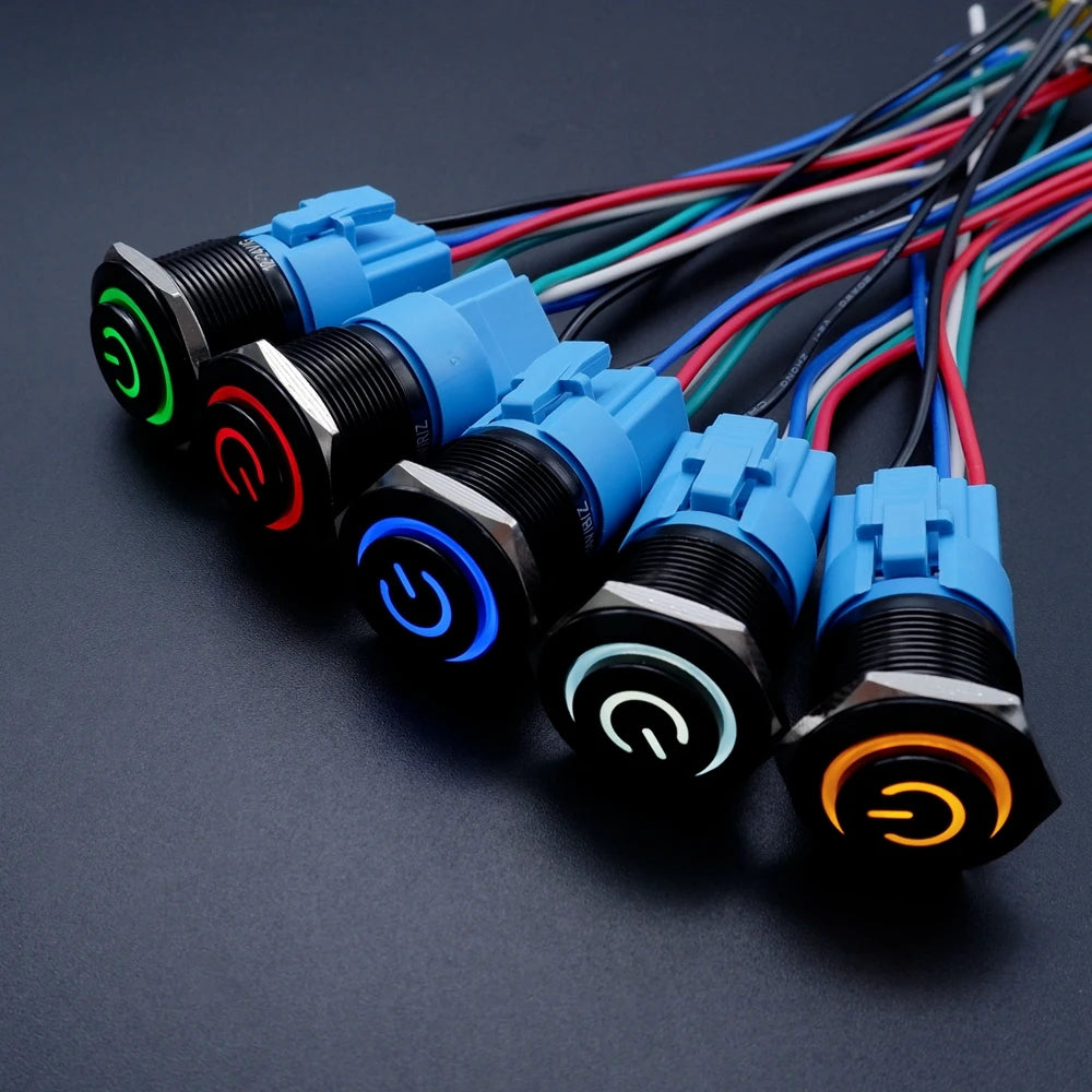 16mm 19mm 22mm Black On Off Metal Button Switch Car Power Start Stop Led Light Waterproof Reset Latching With Socket 5V 12V 220V