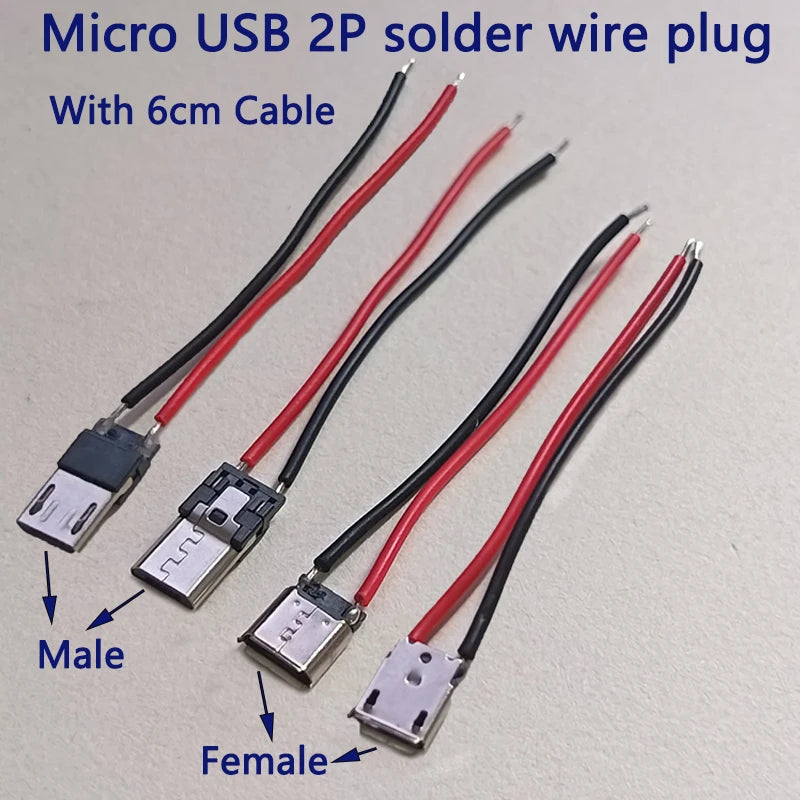 2/5/10/20pcs 2Pin Type‑C/Micro USB Male Female Connector With 6cm Pre‑soldered Wires 5V Charging Jack for DIY Projects Repair