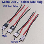 2/5/10/20pcs 2Pin Type‑C/Micro USB Male Female Connector With 6cm Pre‑soldered Wires 5V Charging Jack for DIY Projects Repair