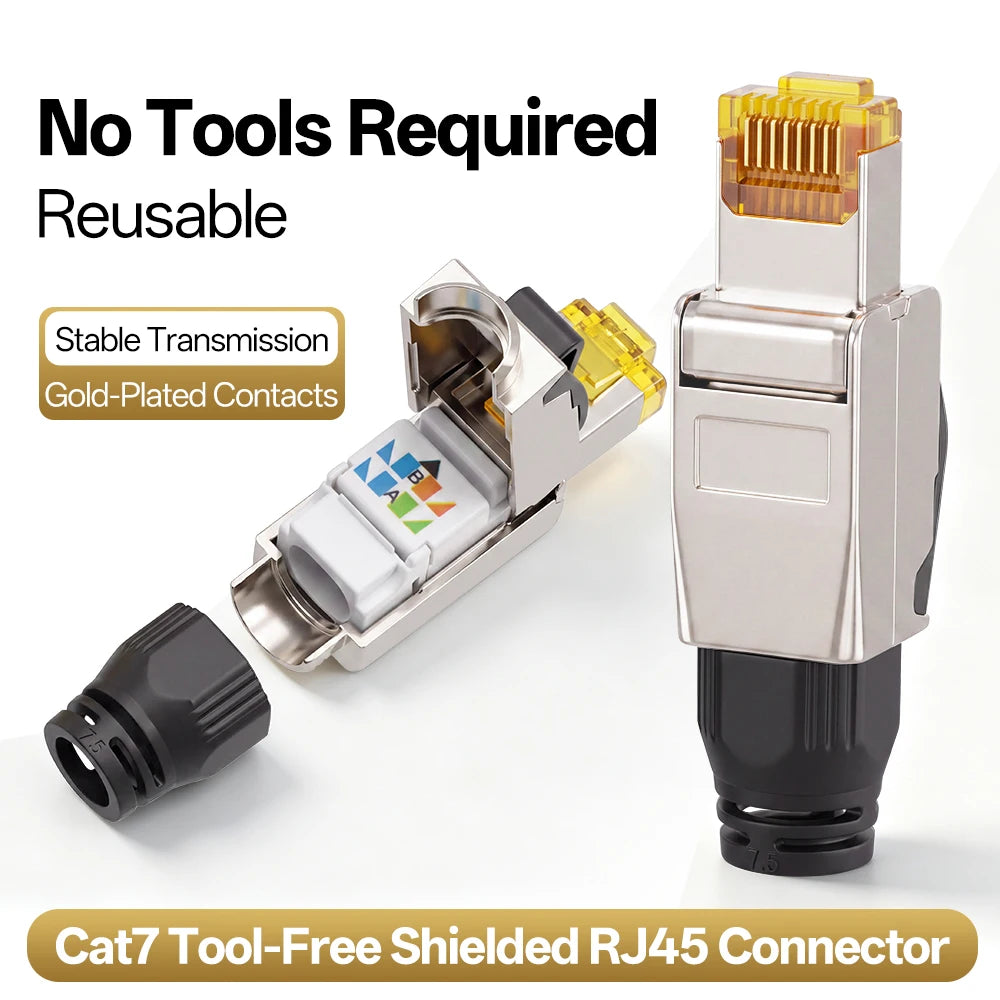 RJ45 Connector Cat7 Tool‑Free Shielded Zinc‑Alloy Reusable 50U Gold‑Plated Contact Anti‑Pull Ethernet Plug for Network Cable