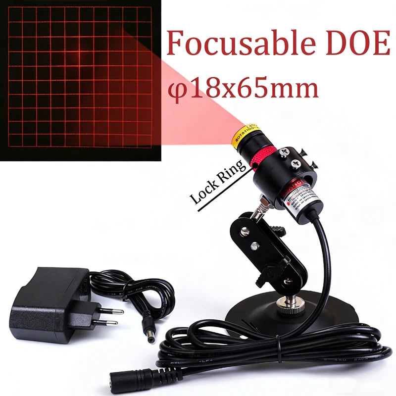 660nm Red Laser Module D18×65mm Square 10×10 Grid Focusable DOE 10mW-150mW for Wood Stone Positioning