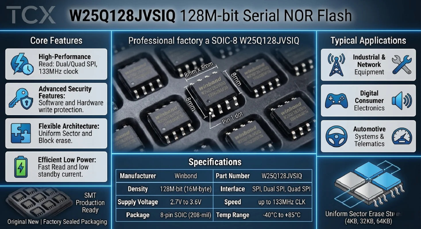 W25Q128JVSIQ W25Q128JVSQ W25Q128 128M-bit 16MB Serial NOR Flash Memory SPI Dual Quad SPI 133MHz SOIC-8 SOP8 208mil Original New