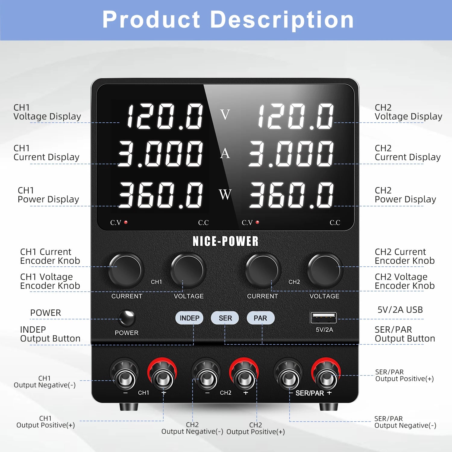NICE-POWER 120V 3A Lab DC Power Supply 0-240V 0-6A Dual Channel Bench Power Source 12V 24V 10A 20A Power Supply Series Parallel