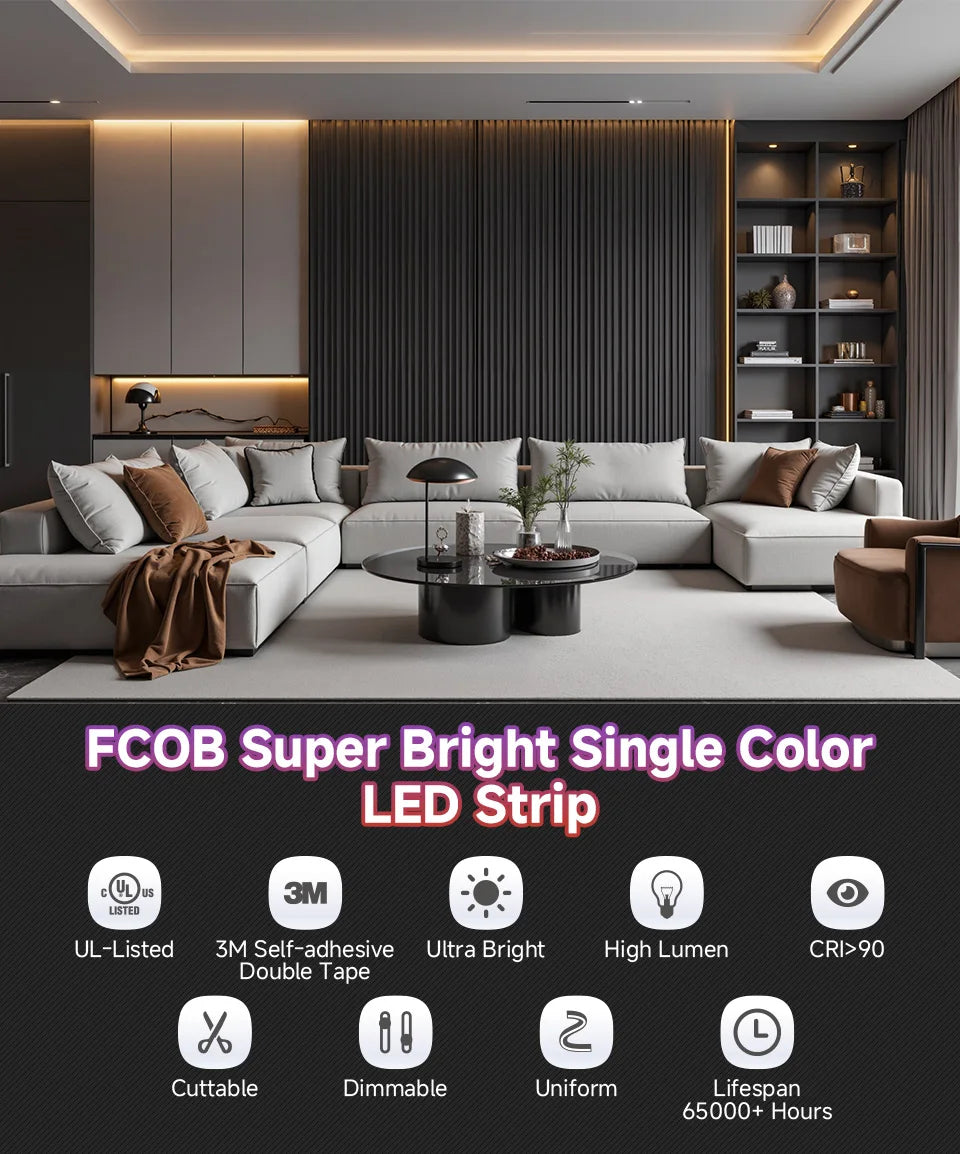 Super Bright 480 LEDs FCOB LED Strip Ultral Bright Efficient COB Light 2700K 6000K Dimmable Linear Flexible RA90 UL CE DC24V