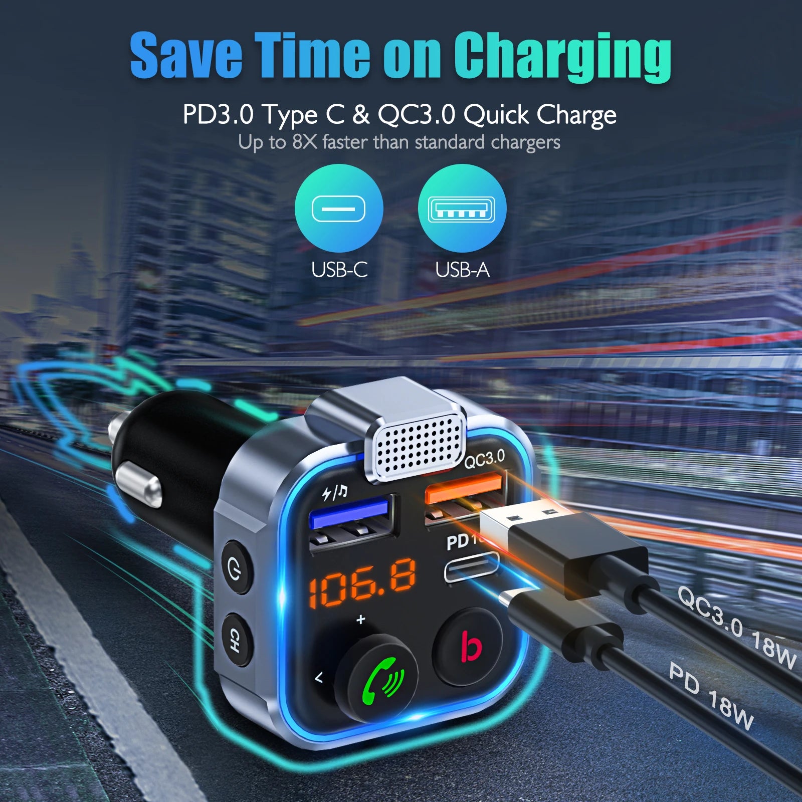 LENCENT FM Transmitter Wireless Bluetooth 5.0 Handsfree Car Kit with Type-C PD 20W+ QC3.0 Fast USB Mp3 Player