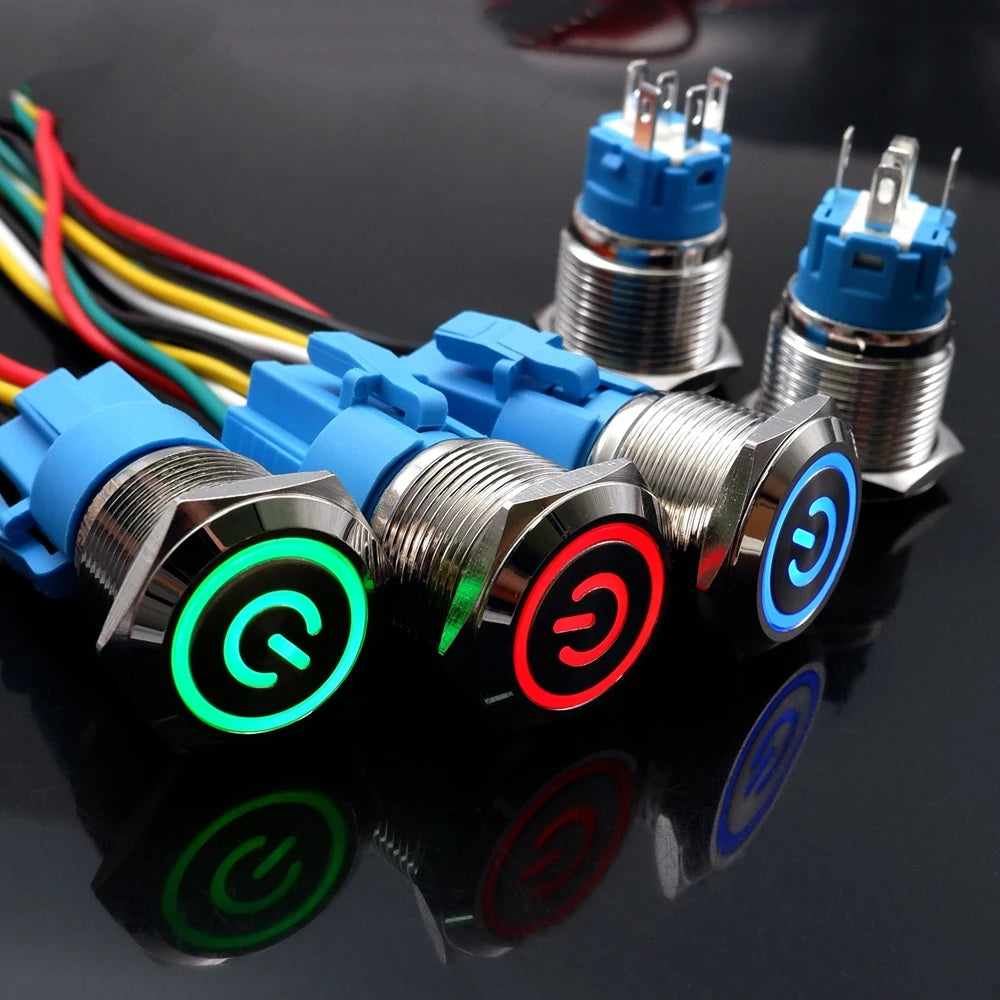 16mm 19mm 22mm Metal Push Button Switch Led Backlit On Off Car Engine Power Start Stop Waterproof With Wire 1NO1NC 5V 12V 220V