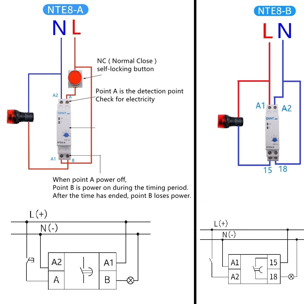 CHINT NTE8 Series 5S 10S 120S 480S Control Off Power Time Delay Relay 220V 24V On Delay NTE8-A NTE8-B Din Rail Digital Timer